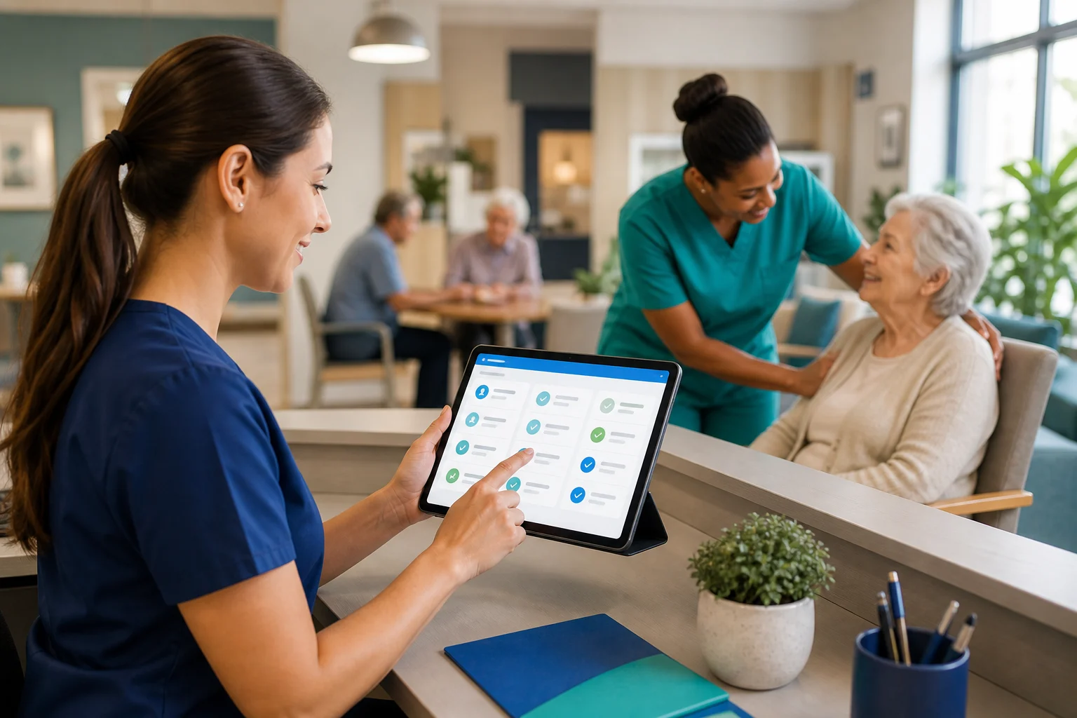 Equipe da ILPI usando tablet para acompanhar rotinas de cuidado