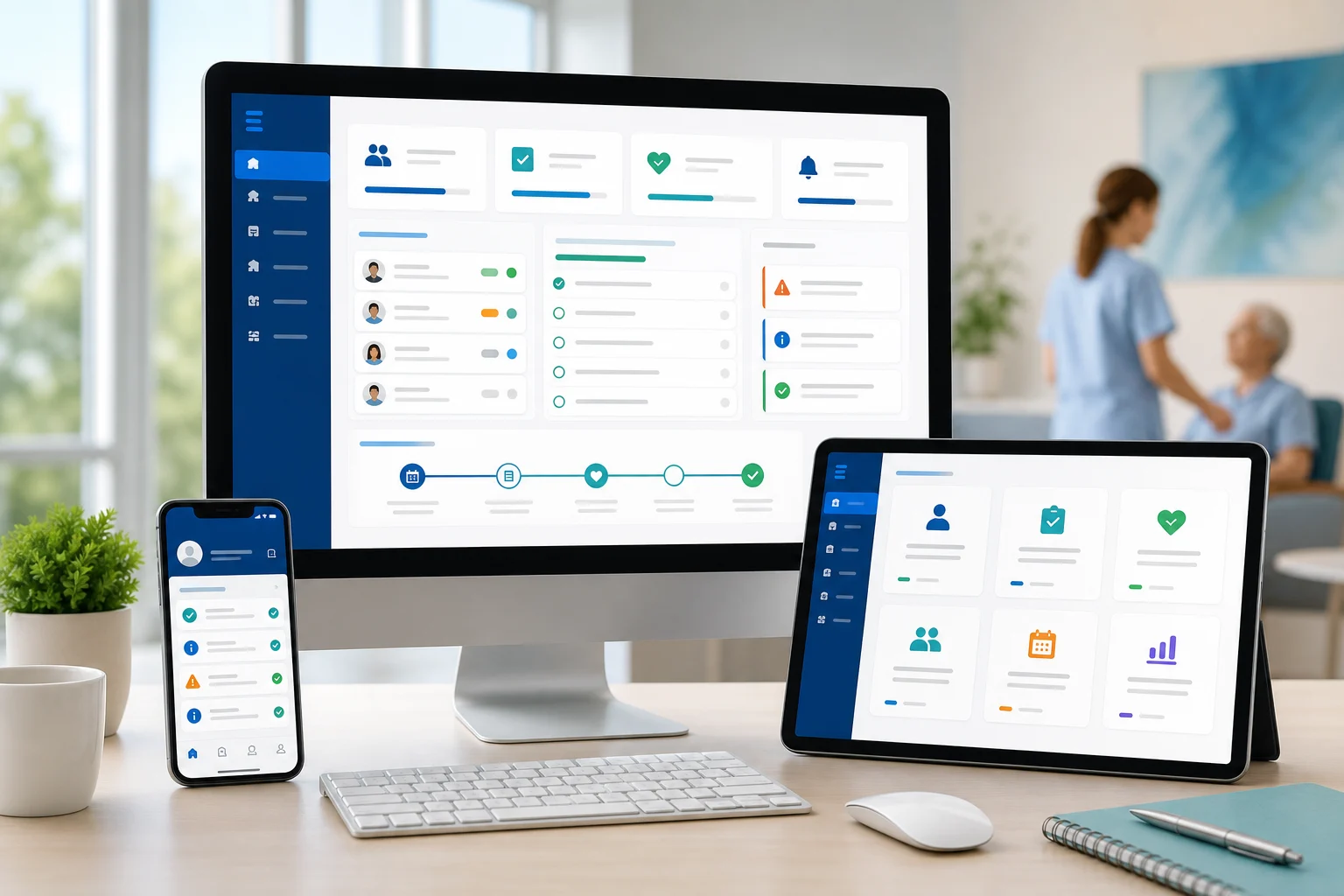 SIDOSO em computador, tablet e celular com módulos de gestão da ILPI